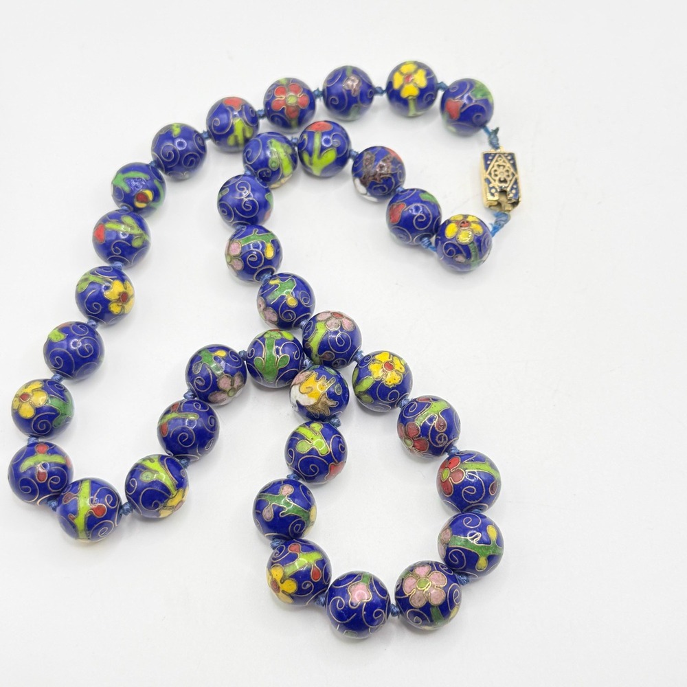 Vintage Chinese Cloisonné Enamel Hand Knotted Blue Floral Beaded Necklace